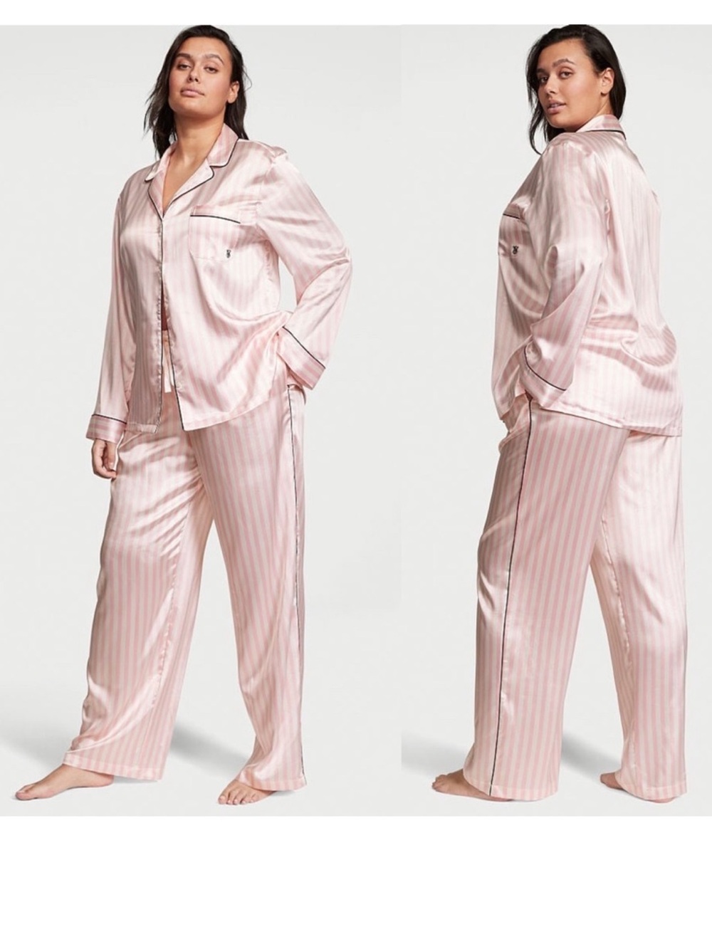 Victoria's Secret Satin Long Pajama Set Pink Iconic Stripe - Medium